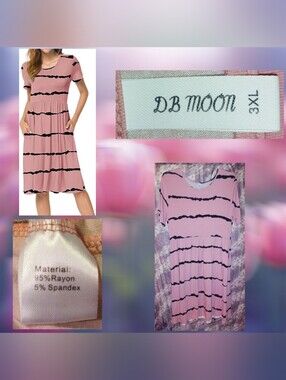 DB MOON Dusty Rose Pink w/Blk Stripes Crew Neck Knee Length Dress W/Pockets 3XL
